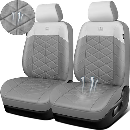 CAR PASS Memory Foam Leather Front Seat Covers, Waterproof Nappa Leather Seat Covers Front Seats Universal Fit for Cars,SUV,Truck Seat Covers Thick 3D Foam Comfortable, Airbag Compatible Gray White