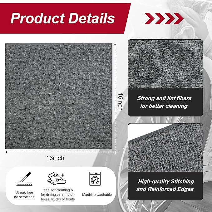 Oudain 200 Pcs Microfiber Cleaning Cloth 16x16 Inch Microfiber Towels for Car Ultra Absorbent Cleaning Rags Reusable Lint Free Streak Free Detailing Towel for Car Washing Drying Dusting (Gray)