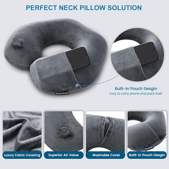Keemall Inflatable Travel Neck Pillow, Super Soft Plane Neck Support Pillow for Travel Ariplane Sleep Support, Adjustable Neck Cushion Headrest Pillow, Folds Up Nicely, Black Grey