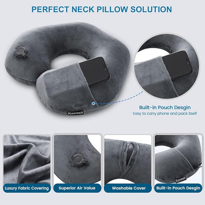 Keemall Inflatable Travel Neck Pillow, Super Soft Plane Neck Support Pillow for Travel Ariplane Sleep Support, Adjustable Neck Cushion Headrest Pillow, Folds Up Nicely, Black Grey