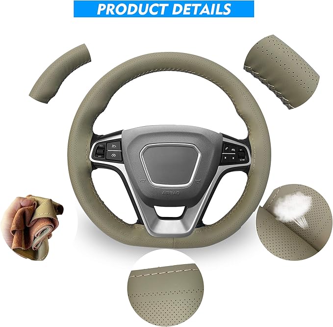 Carodi Leather Steering Wheel Cover, Breathable Non-Slip Design, Soft and Comfortable Feeling, Universal 15 Inch Auto Car Steering Wheel Stitch on Wrap（Size M,Beige）