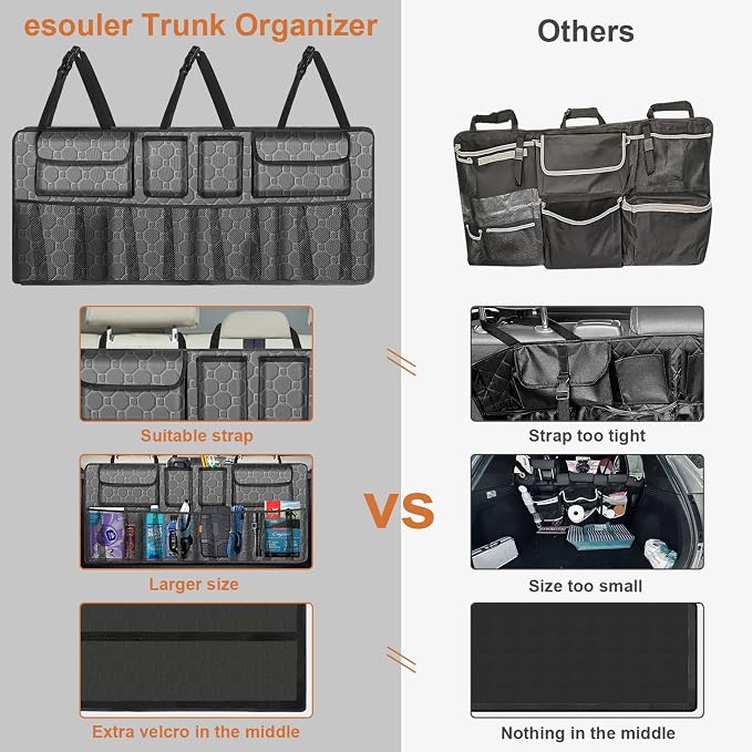 esouler Car Trunk Organizer, Super Capacity Backseat Car Organizer for SUV/Truck/MPV(42"*18"), Hanging Car Storage Organizer with 8 Pocekts, Car Accessories for Women and Men- Grey