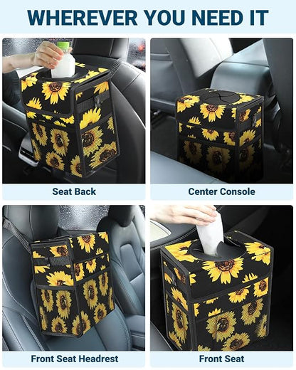 Capolo Car Trash Can with Lid, Leakproof Car Trash Bag Hanging Waterproof Automotive Garbage Can with Storage Pockets Mini Vehicle Trash Bin for Back/Front Seat(Sunflower,2.5 Gallon)