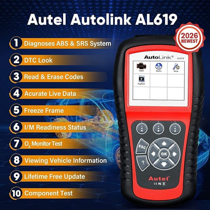 Autel AutoLink AL619 Scanner, 2026 ABS SRS Airbag Warning Light Diagnostic Scan Tool, Up of AL519 ML519 ML619, 10 OBDII Test Modes, DTCs Lookup, Live Data, Turn Off Check Engine Light OBD2 Code Reader