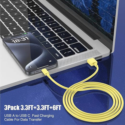 3-Pack Yellow [3.3FT+3.3FT+6FT] USB A to USB C Cable，USB to USB C Car Carplay Cable for iPhone 16 15 Pro Plus Pro Max，for iPad Pro/Air/Mini，for Samsung S24/S23/S22/S21，for MacBook Pro/Air and More
