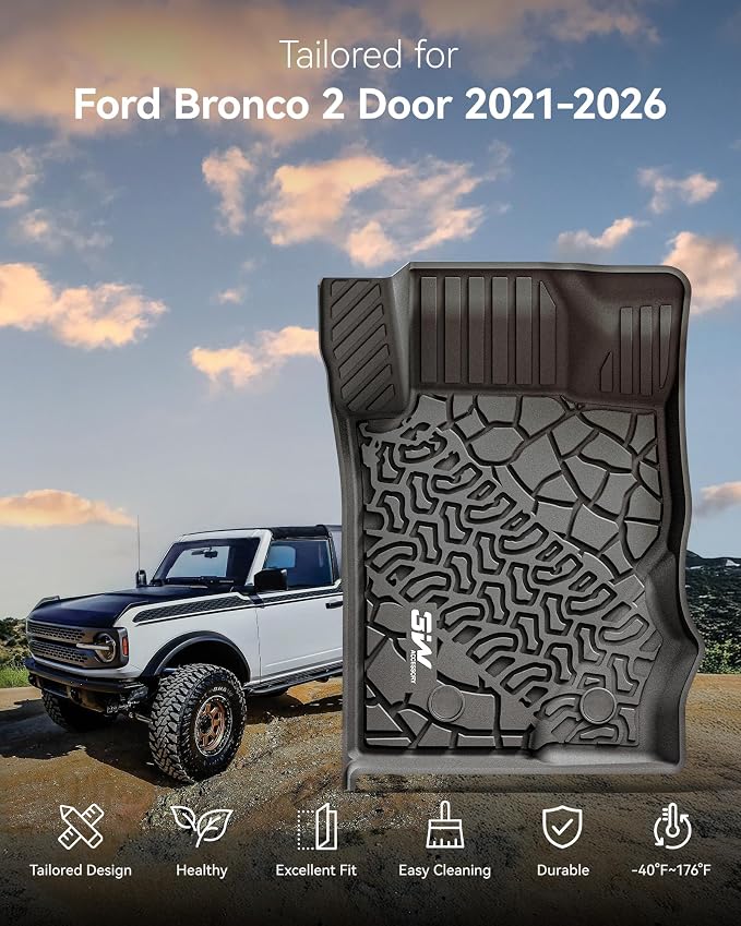 3W Floor Mats Fit for 2021-2025 2026 Ford Bronco 2 Door All Weather TPE Car Accessories Custom Fit Floor Liner 1st and 2nd Row Car Mats, Black (Not for Bronco Sport & Rubberized Floor)