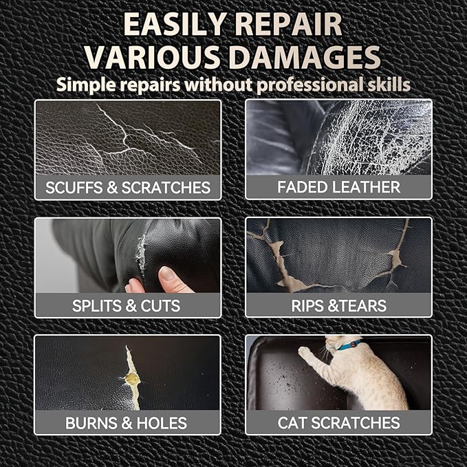 Black Leather Repair Kit for Furniture, Leather Couch Repair Kit for Car Interiors, Seats, Steering Wheel, Sofa, Shoes, Restore Leather Scratch, Tears & Burn Hole with Easy Instructions