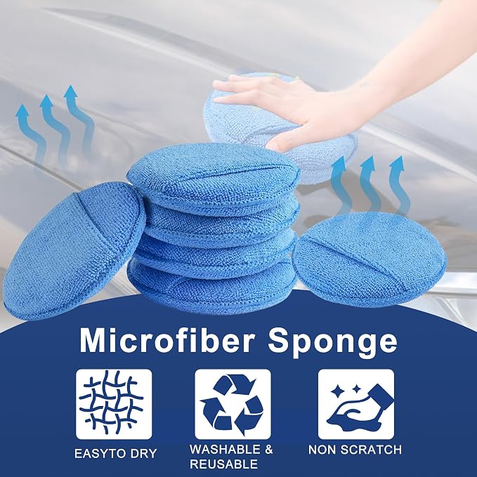 Auto Care Microfiber Wax Applicator Pads with Finger Pocket, Blue, Ultra-Soft 70/30 Blend, 5 Inch Diameter, 6 Pack, for Cars, Trucks, Motorcycles