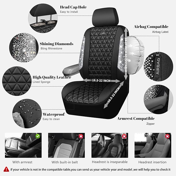 CAR PASS Bling Diamond Leather Car Seat Covers Full Seats Interior Sets, Waterproof Shining Glitter Sparkly Crystal Universal Armrest Fit Automotive Truck SUV Cute Women Girl, Black Silver Rhinestone