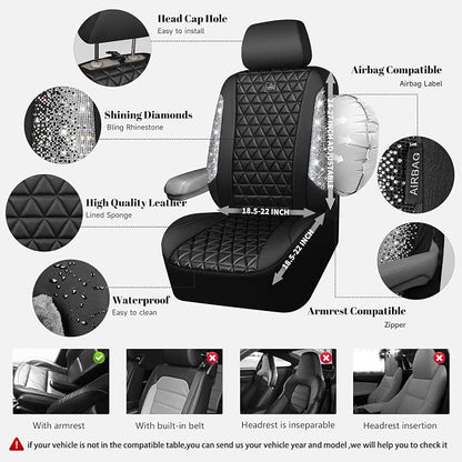 CAR PASS Bling Diamond Leather Car Seat Covers Full Seats Interior Sets, Waterproof Shining Glitter Sparkly Crystal Universal Armrest Fit Automotive Truck SUV Cute Women Girl, Black Silver Rhinestone