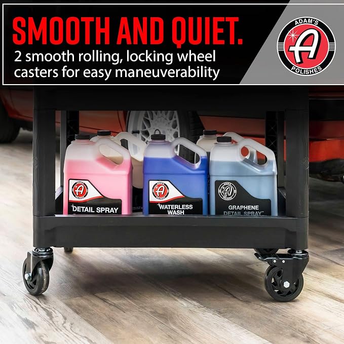 Adam's Polishes Premium Detail Cart - Car Detailing Cart 3-Tiered Shelves 250 Pound Per Shelf Capacity - Heavy Duty Casters Rolling Cart, Features Bottle Holders, Cutouts, & Pegs for Organization