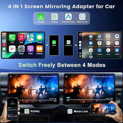 4 In 1 Wireless CarPlay Adapter, Screen Mirroring Adapter Support iPhone iOS 10+ & Android 11+ to Car Screen to Watch Videos, Wired to Wireless, No Delay (CarPlay+Airplay+Android Auto+ Mirror Link)