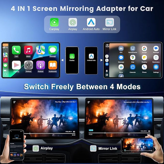 4 In 1 Wireless CarPlay Adapter, Screen Mirroring Adapter Support iPhone iOS 10+ & Android 11+ to Car Screen to Watch Videos, Wired to Wireless, No Delay (CarPlay+Airplay+Android Auto+ Mirror Link)