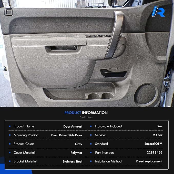 22818466 Front Left Driver Side Armrest Repair Kit Fit for Chevy Silverado 1500 2500HD 3500HD 2010-2014 For GMC Sierra 1500 2500 HD 3500 HD 2010-2014 Door Panel with Release Handle Below Armrest -Gray