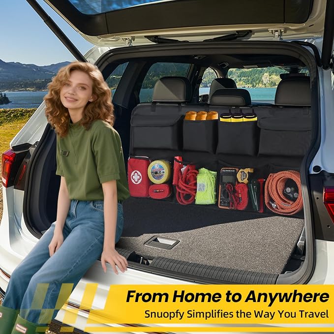 Car Backseat Hanging Trunk Organizer Extra-Long, 30% More Storage, 8 Large Pockets Car Storage Bag for SUV, Truck, Van – Super Capacity SUV Hanging Organizer for a Neat & Clutter-Free Space - Black