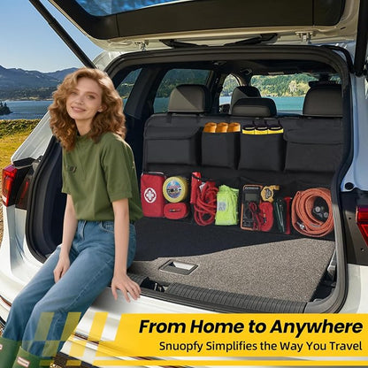 Car Backseat Hanging Trunk Organizer Extra-Long, 30% More Storage, 8 Large Pockets Car Storage Bag for SUV, Truck, Van – Super Capacity SUV Hanging Organizer for a Neat & Clutter-Free Space - Black