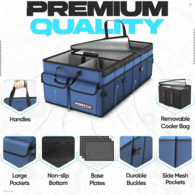 FORTEM Trunk Organizer with Cooler For SUV Car Trunk, Foldable Storage, Car Accessories for Women Men, Collapsible Bag, 600D Oxford, Non Slip Bottom, Straps, Soft Cover (105L)