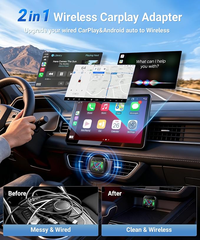 TICARVE 2-in-1 Wireless Apple CarPlay & Android Auto Adapter, Plug & Play CarPlay Wired to Wireless Adapter, Stable Auto-Connect, No Latency, iOS 10+ & Android 11+, USB/USB-C Extension Cable