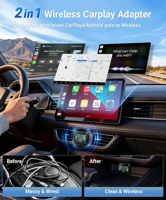 TICARVE 2-in-1 Wireless Apple CarPlay & Android Auto Adapter, Plug & Play CarPlay Wired to Wireless Adapter, Stable Auto-Connect, No Latency, iOS 10+ & Android 11+, USB/USB-C Extension Cable
