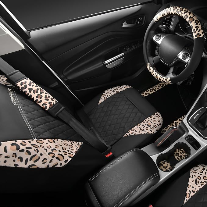 CAR PASS Leopard Print Faux Leather Car Seat Covers & Leopard Car Mats&Leopard Steering Wheel Cover Seat Belt Pad Universal Car Accessories for SUV,Van,Saden,Truck Automobile Interior Sets