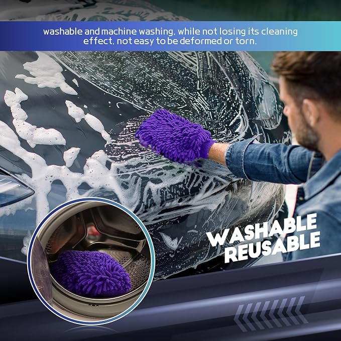 wuyaoyao 2PCS Car Wash Mitt, 10.14"×7.12" Chenille Microfiber Car Wash Mitts, Scratch-Free & Lint-Free, Absorbent Double Sided Clean Glove for Cars Cleaning, Auto Cleaning Supplies (Dark Purple)