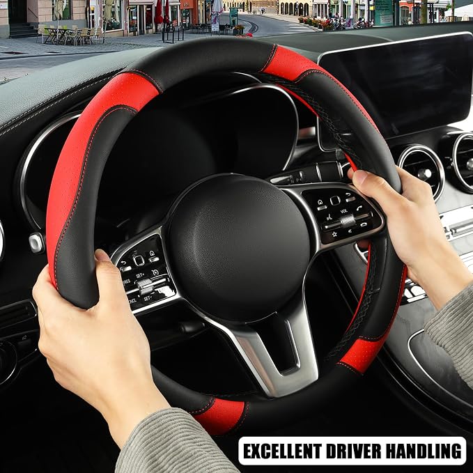 Microfiber Leather Steering Wheel Cover Large Size for Ford F150 F250 F350 RAM 4Runner Tacoma Tundra Armada Model S Model X, Breathable, Anti Slip, 15.5 inch to 16 inch, Black with Red