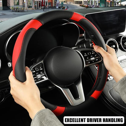 Microfiber Leather Steering Wheel Cover Large Size for Ford F150 F250 F350 RAM 4Runner Tacoma Tundra Armada Model S Model X, Breathable, Anti Slip, 15.5 inch to 16 inch, Black with Red