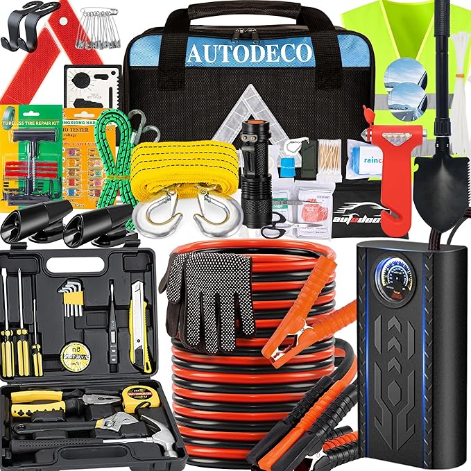 105 PCS Roadside Car Emergency Assistance Kit with Portable Air Compressor Jumper Cables