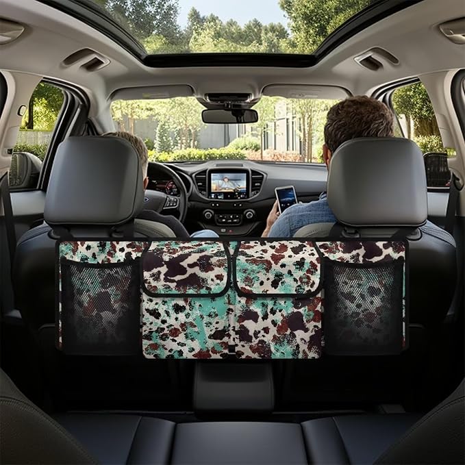 Hanging Car Back Seat Organizer Mint Black Brown Cow Spots Car Backseat Trunk Organizer for Grocery Cargo Storage Bag