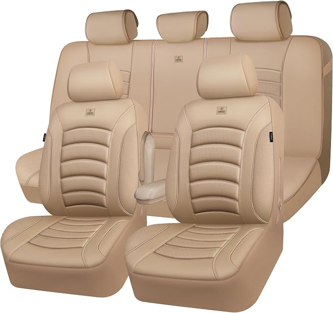 CAR PASS 3D Foam PU Leather Car Seat Covers, Universal Seat Covers Full Sets for Trucks SUV Sedan Automotive Seat Covers Armrest Airbag Compatible Waterproof Comfortable Faux Nappa Leather All Beige