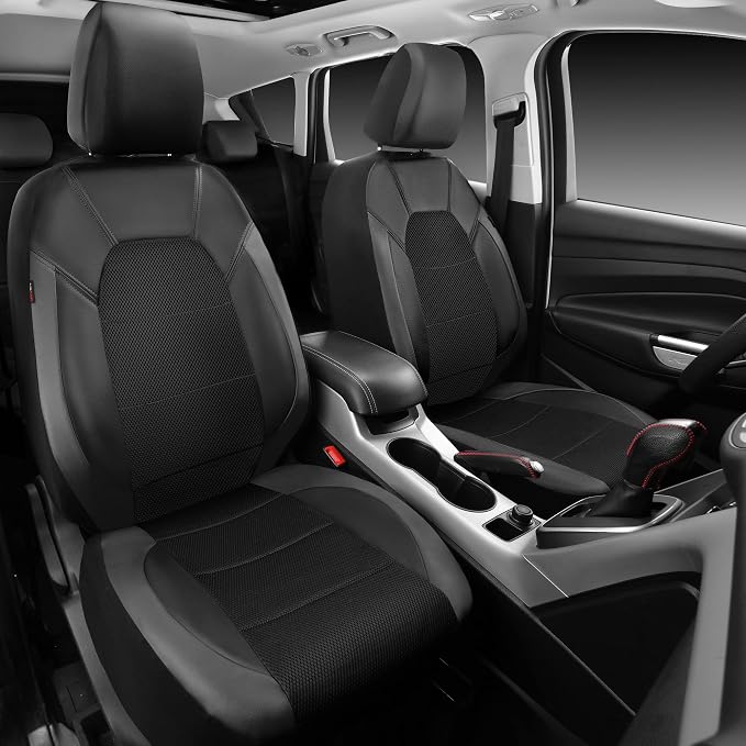 CAR PASS Leather Car Seat Covers Front Seats only, with Air Mesh Front Seat Covers Breathable, Cool Automotive Seat Covers 2 Pack, Universal Fit Most Cars,SUV,Truck,Van Airbag Compatible(Black Gray)