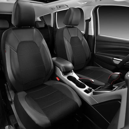 CAR PASS Leather Car Seat Covers Front Seats only, with Air Mesh Front Seat Covers Breathable, Cool Automotive Seat Covers 2 Pack, Universal Fit Most Cars,SUV,Truck,Van Airbag Compatible(Black Gray)