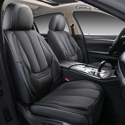 Coverado Front Seat Covers, 2 Pieces Universal Seat Covers for Cars, Breathable Fabric & Leather Car Seat Protectors, Car Seat Cushions Auto Accessories Fit for Most Sedans SUV Truck, Black