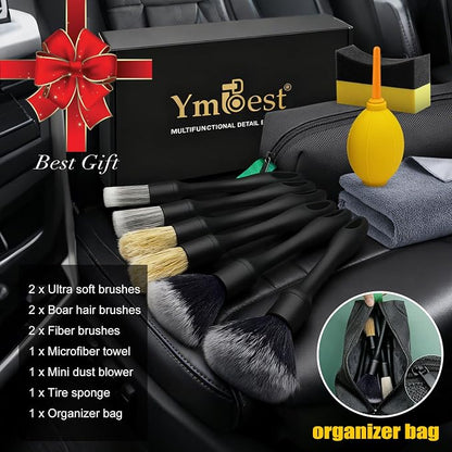 10PCS Car Detailing Brush Kit, All-in-One Interior Exterior Auto Detailing Brushes Set, Durable Ultra Soft Boars Hair Car Detail Brush, Car Cleaning Brush with Storage Bag & Car Drying Towel