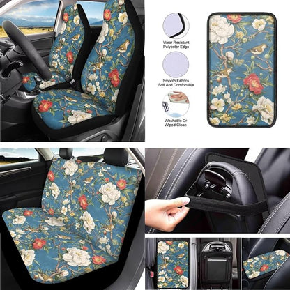 Floral Car Seat Cover Full Set of 13, Vintage Flowers Bird Vehicle Headrest Cover Cup Holder Coaster, Chinoiserie Automotive Interior Covers for Sedans Trucks