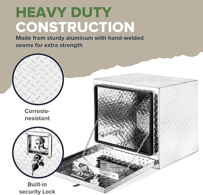 ARKSEN 18 x 17 x 18 Inch Underbody Tool Box, Heavy Duty Aluminum Diamond Plate Waterproof Square Storage Organizer Chest with T-Handle Lock & Keys for Pickup Truck, RV & Trailer – Silver