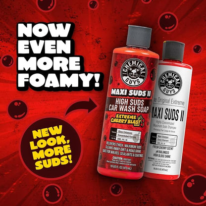 Chemical Guys Maxi Suds II Cherry Scent Car Wash Soap and Chenille Microfiber Wash Mitt Bundle, High Foam Shampoo for Foam Cannons, Guns, and Buckets, Safe for All Paint - 16 Fl Oz