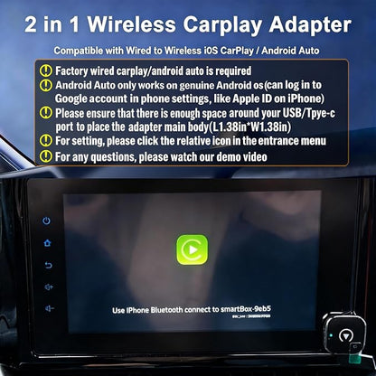 2026 Wireless CarPlay & Android Auto Adapter 2-in-1, WiFi Dual Core,Bluetooth CarPlay Dongle Converts Wired to Wireless, Fast Auto-Connect, for Apple iPhone & Android,USB/Type-c
