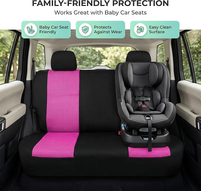 FH Group Automotive Rear Car Seat Covers for SUV, Trucks, Sedan and More - Universal Fit Rear Solid Bench Design Interior Accessories - 3D Mesh Fabric Center Panel - Pink
