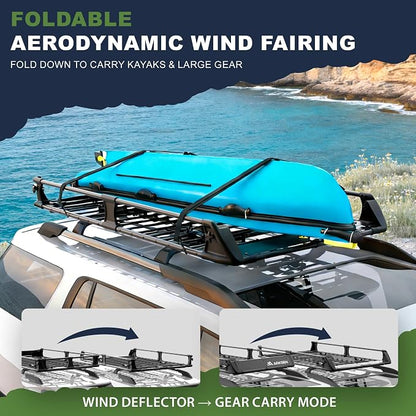 ARKSEN 2-in-1 Foldable Fairing Roof Rack Cargo Basket with Waterproof Bag, 64" x 39" Heavy Duty Steel Rooftop Carrier, 250 lbs Max Load, Fits SUV Truck Pickup for Kayaks, Canoes & Luggage