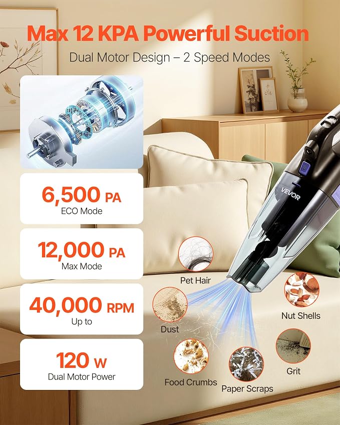 VEVOR Handheld Vacuum, Portable Vacuum Cleaner Cordless with HEPA Filter and Brushes, Lightweight Hand Held Cleaner with Powerful Suction, for Car, Home, Office, Pet Hair