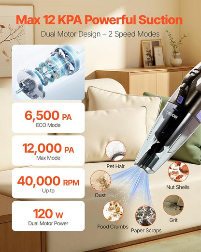 VEVOR Handheld Vacuum, Portable Vacuum Cleaner Cordless with HEPA Filter and Brushes, Lightweight Hand Held Cleaner with Powerful Suction, for Car, Home, Office, Pet Hair