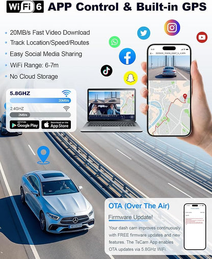 4K STARVIS 2 Dash Cam Front Rear, 5.8GHz WiFi 20MB/s Download, Free 64GB Card, 4 Channel 360° Dash Camera, 3" Touch Screen, AI Driver Monitor System, WDR Night Vision,HDR GPS,24H Parking Mode(N300Pro)