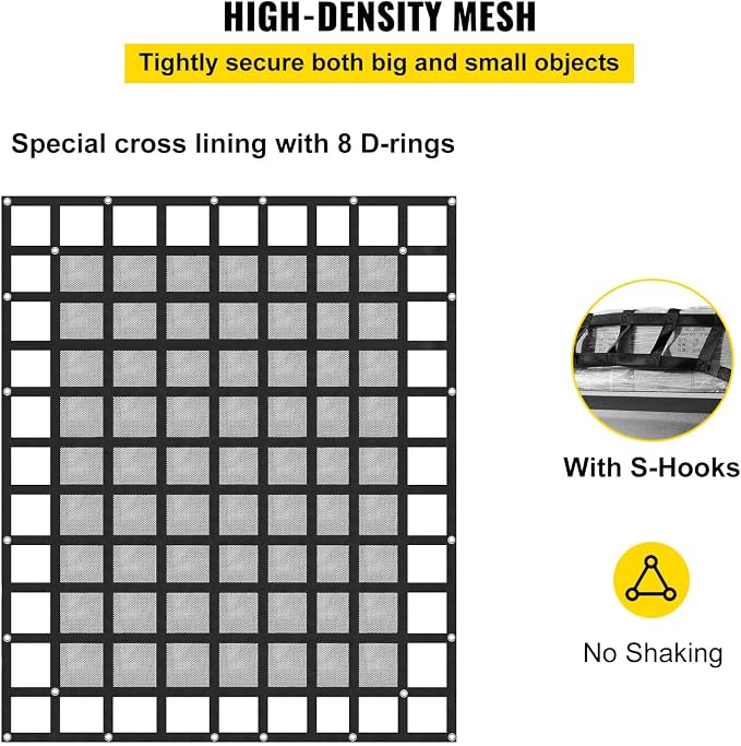 VEVOR Cargo Net with Mesh, 8' x 6.7' Cargo Net for Pickup Truck Bed, Heavy Duty Cargo Nets with Cam Buckles & S-Hooks & Cross Strap, Truck Bed Cargo Net for Trailer SUV Jeeps(96" x 80")