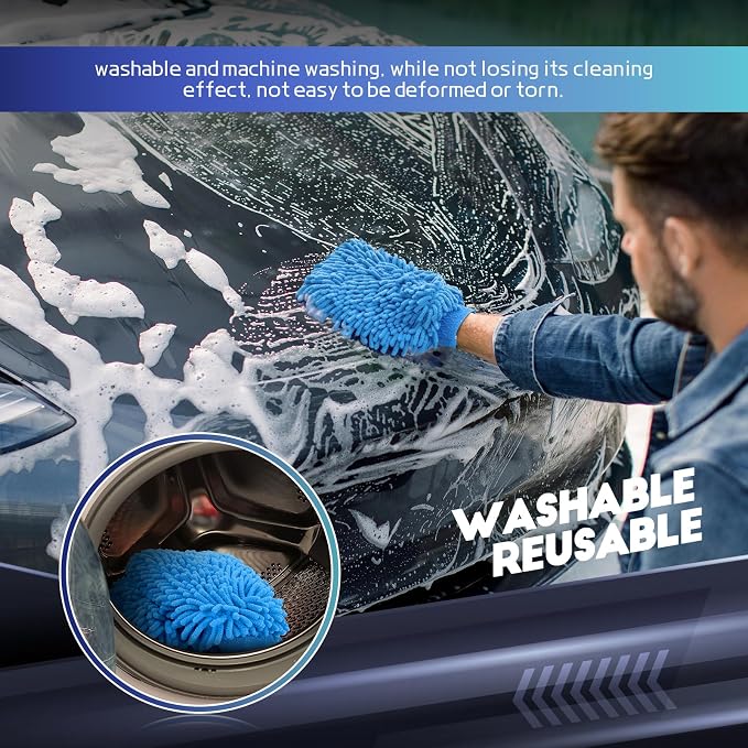 wuyaoyao 2PCS Car Wash Mitt, 10.14"×7.12" Chenille Microfiber Car Wash Mitts, Scratch-Free & Lint-Free, Absorbent Double Sided Clean Glove for Cars Cleaning, Auto Cleaning Supplies (Sky Blue)