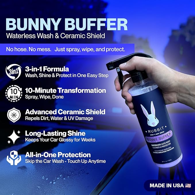 Bunny Buffer, Waterless SiO2 Ceramic Car Wash & Protector, Quick Spray and Wipe Car Cleaner, Detailing Product for Exterior Surfaces, Car Cleaning Supplies, 16 FL Oz