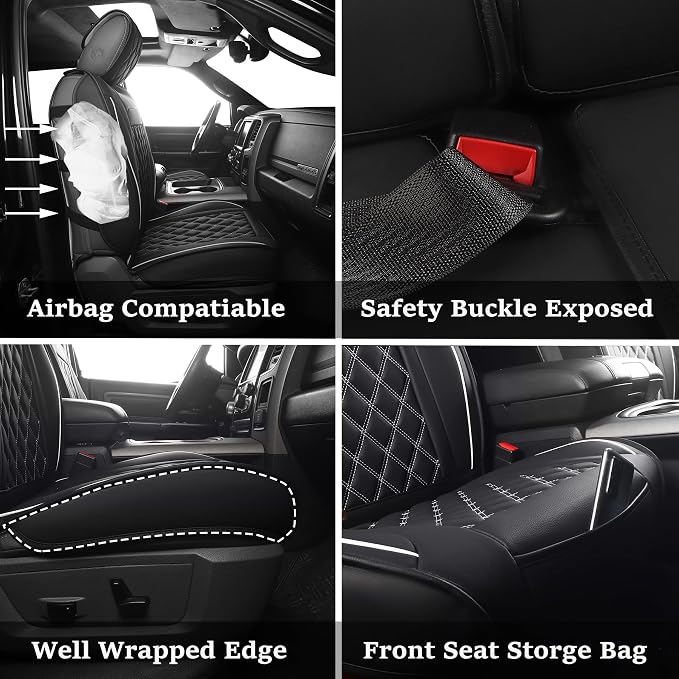 JOJOBAY Car Seat Covers for Dodge Ram,Fit 2009-2025 1500/2500/3500 HD Pick-up Truck,Crew,Regular,Quad,Mega Cab,Waterproof Synthetic Leather Seat Covers(2PCS-Front,Black-White)