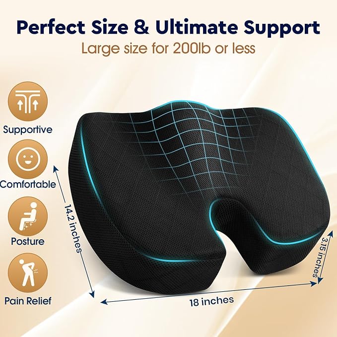 TushGuard Office/ Car Seat Cushion, Non-Slip Sciatica & Back Coccyx Tailbone Pain Relief Chair Pad, Memory Foam Butt Pillow for Computer Desk, Wheelchair, Driving (Black)