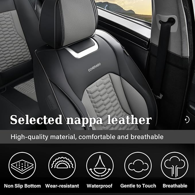 Coverado Car Seat Covers Front Seats, Luxury Leather Seat Covers for Cars, Automotive Car Seat Covers Protector Universal Fit Most Sedans, SUVs, Pick-up Trucks Interior Accessories(Black&Gray)