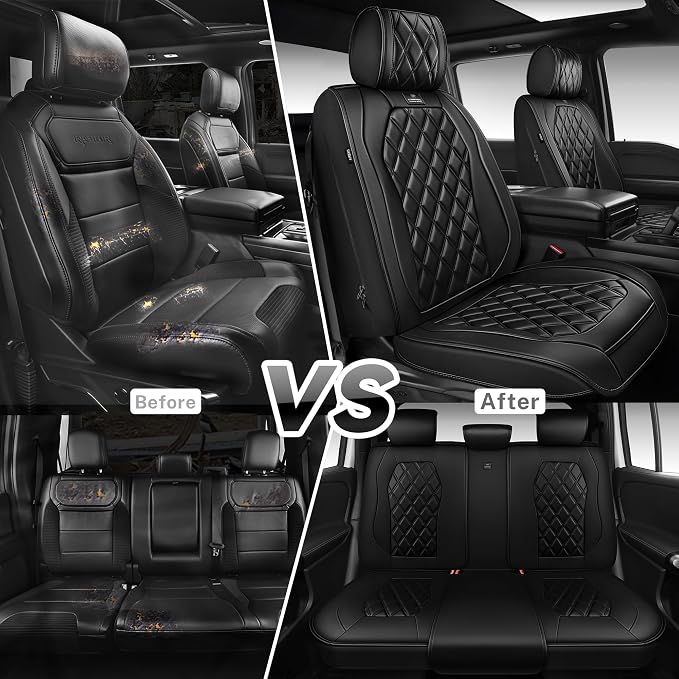 CAR PASS Luxury Nappa Leather Car Seat Covers Full Set, 3D Rhombus Waterproof Premium Leather Seat Covers, Universal Automotive Seat Cushion Fit for Sedan SUV Truck Van, Airbag Compatible Solid Black